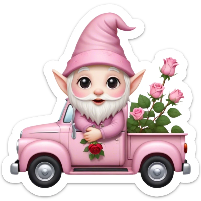 An adorable little pale pink Valentine’s Day style gnome with large glistening eyes, holding a rose with hearts in the background riding in the back of a beat up old pick up truck sticker