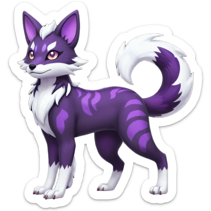Kawaii dark black purplish blackish edgy fantasy ethereal feline-vernid-sergal-monster-furret-Lycanroc-umbreon-fursona animal creature full body with intricate markings  sticker