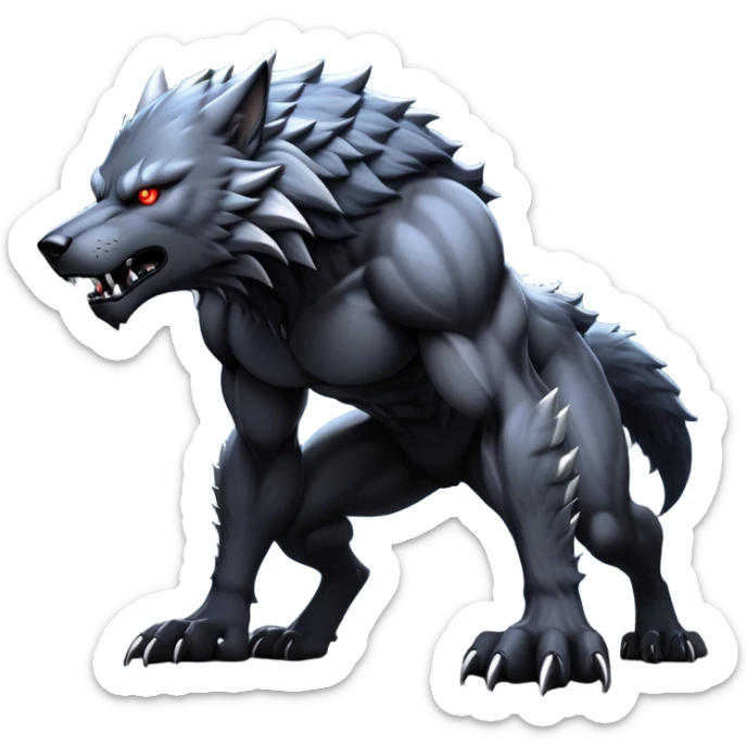 cinematic-noble-fierce-werewolf-on all fours-emoji, poised-and-imposing, with a tall, lean, and muscular wolfish frame inspired by the brutal, imposing shape of the beast from Berserk, fur rippling in shades of midnight black and silver, massive paws with razor-sharp claws, elongated limbs and fangs, eyes glowing with an intense, primal ferocity, reflecting the untamed power of the wild moonlit night; rendered with realism sticker