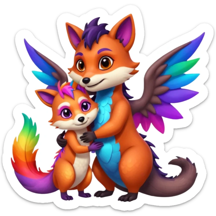 black female raccoon dragon hybrid with rainbow colored wings and purple eyes giving a big hug to a red female fox dragon hybrid with rainbow colored wings and orange eyes sticker