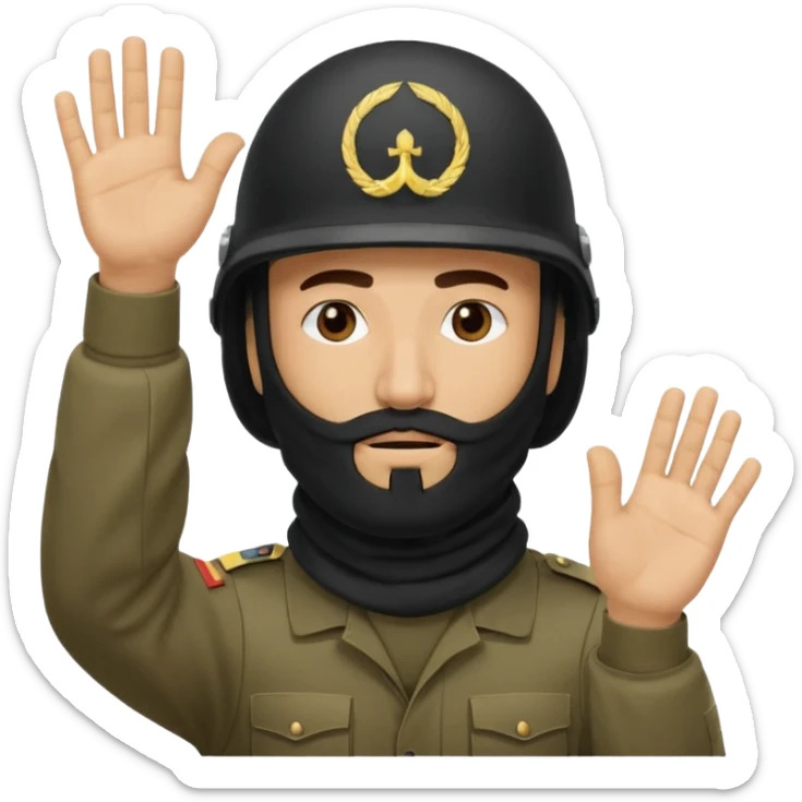 surrenders, depicts an Iraqi soldier from 1980, with a beard, in a helmet, with a balaclava, with a sad face and raised hands sticker