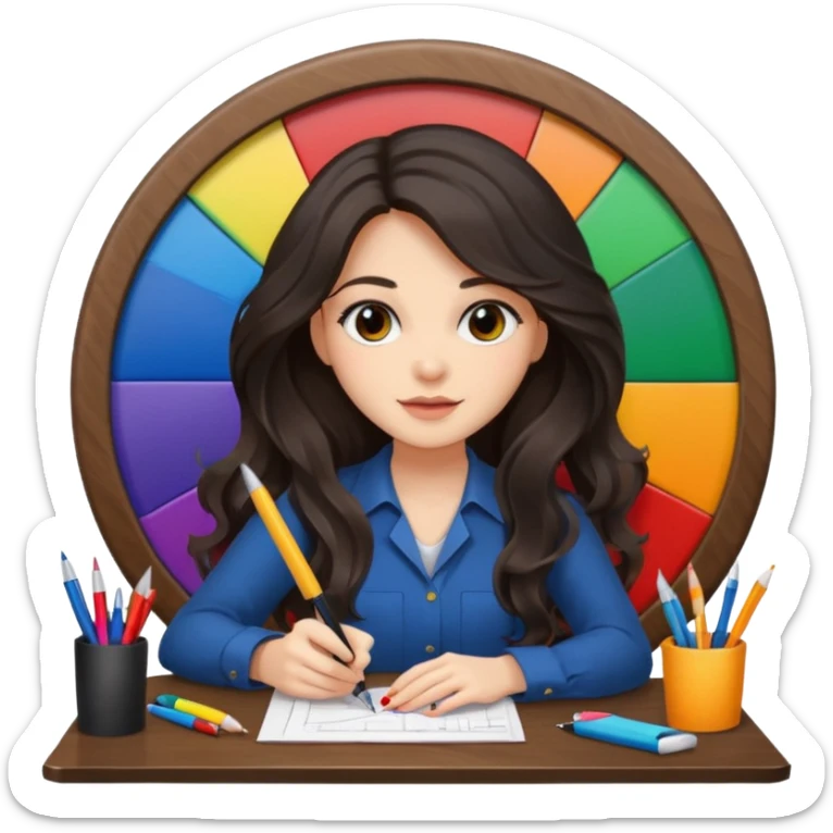 female dark wavy long hair graphic designer , big color wheel behind , pens, papers, desktop sticker