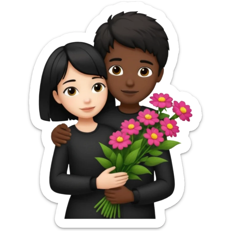 a pretty bratz fair girl with short black shaggy hair with a tall boy hugging her and flowers wearing black  sticker