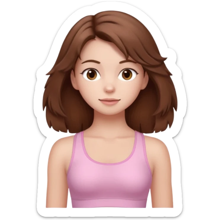 brown hair girl wearing light pink pilates clothes, fluffy medium hair and brown eyes sticker