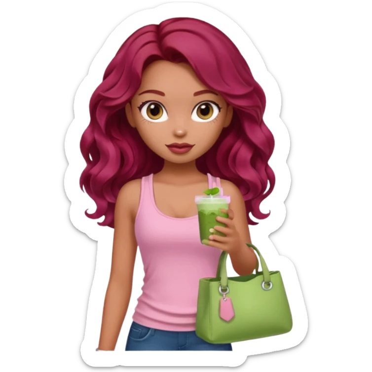 a pretty fair bratz girl with wavy dark red hair, wearing a pink tank top , carrying a matcha and a pink bag sticker