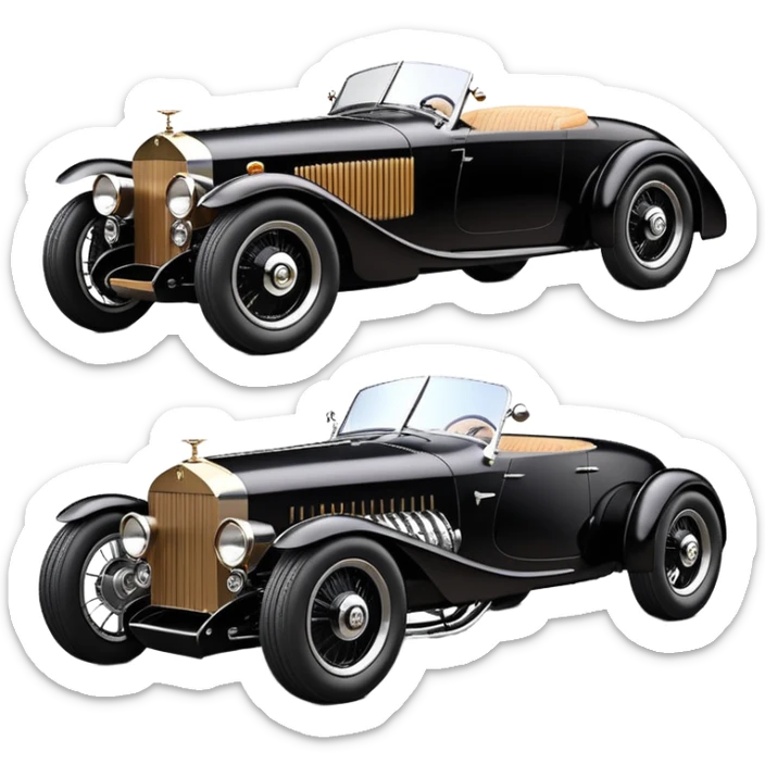Batgirl’s black Bare bones (sans fenders) chopped streamlined sporty roadster (stripped down) hot street rodded engine sports car 1932 Rolls Royce Woody futuristic electric spaceship motors and lightning dynamos with wide racing wheels that are held strong by advanced suspension and steering sticker