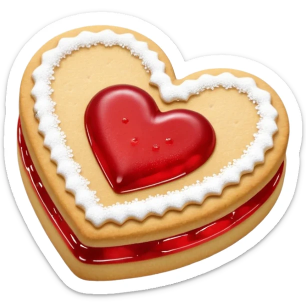Realistic shortbread cookie in the shape of a heart with red jelly middle filling and sprinkled powder sugar on top. sticker