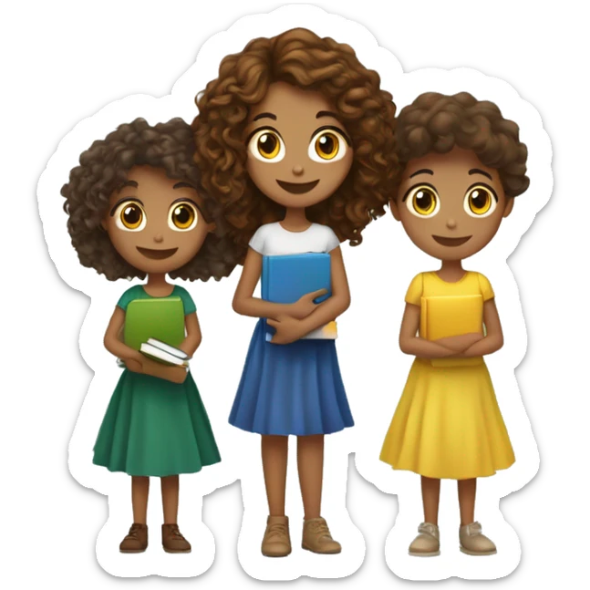 3 girls, one who is short with long brown curly hair and a dress holding books, one medium height with brown long wavy hair and green skirt and yellow top, one medium height with medium length brown wavy hair with a blue dress holding a kindle sticker