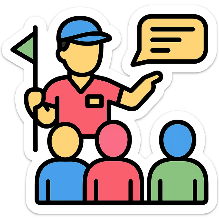 travel guide giving a talk to a group of people, color outline icon sticker