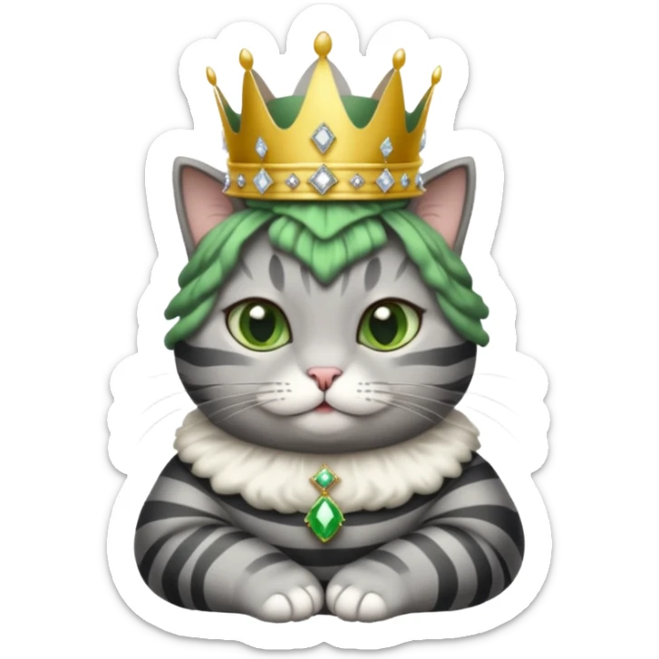 Gatito gris oscura con rayas negras ojos verdes vestida de reina con coronas y diamantes, más peluda y gordita  sticker