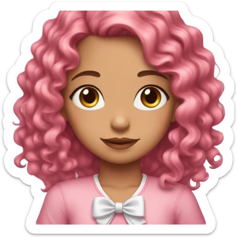 Girl face with cute pinkish makeup and pretty pink hair ribbon and long curly brown hair sticker