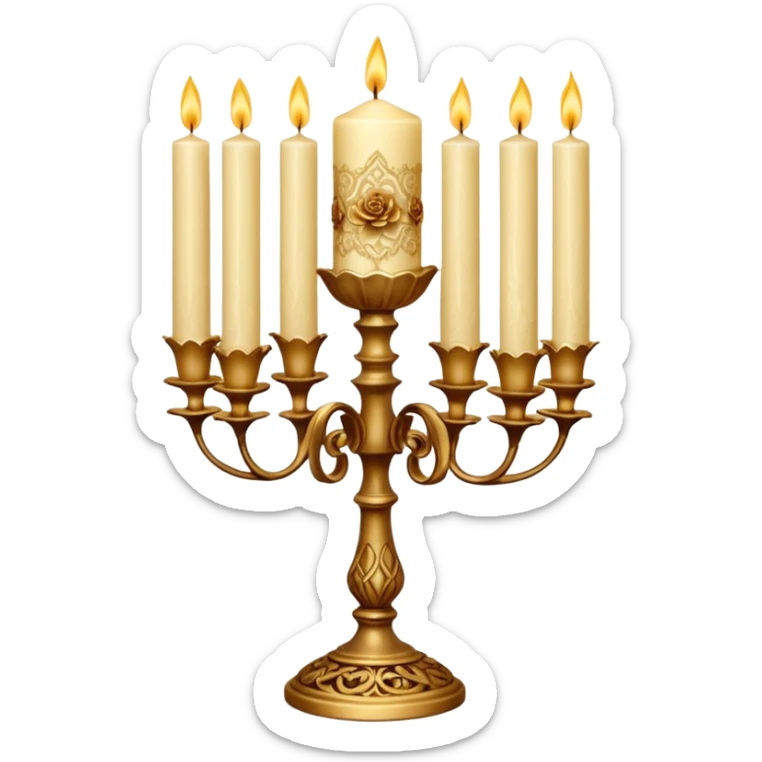 Victorian Candle Set
A cluster of tall, ivory candles in ornate golden holders. Some are carved with lace-like patterns, others wrapped in translucent brown ribbon and dried golden roses. sticker