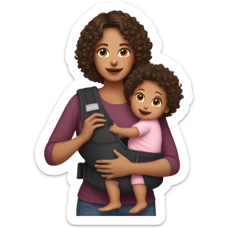 mom with light tan skin, shoulder length dark brown curly hair carrying 2 baby carriers sticker