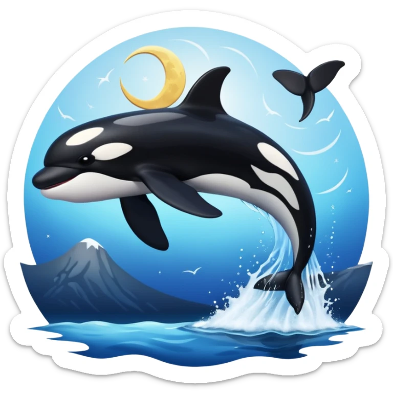 I want a realistic emoji of an orca whale leaping from the water with the moon illuminating the sky and reflecting on the sea. sticker