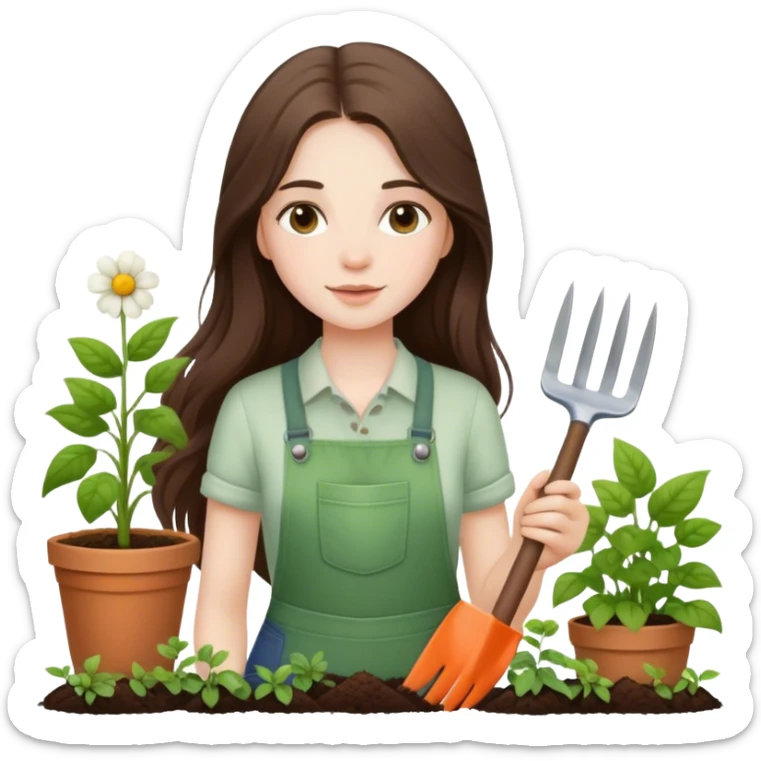 beautiful pale brunette girl with long hair gardening sticker