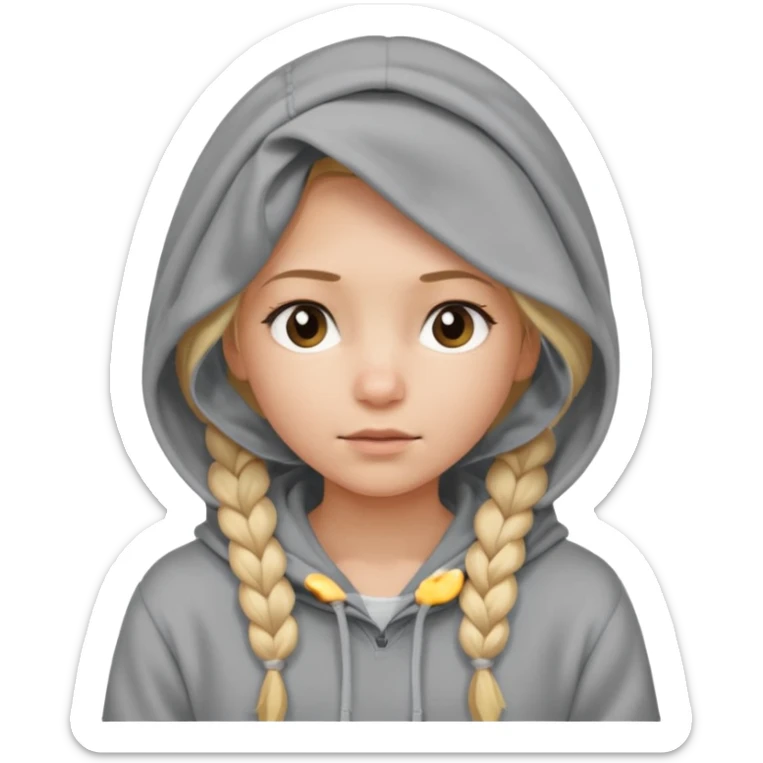 blonde braided girl with her head covered in a sweatshirt and hood sticker