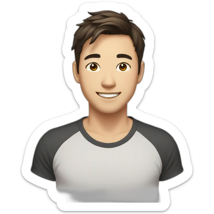 guy with brown hair, medium length hair, in his 20s, asian, smiling, t-shirt, shoulder sticker