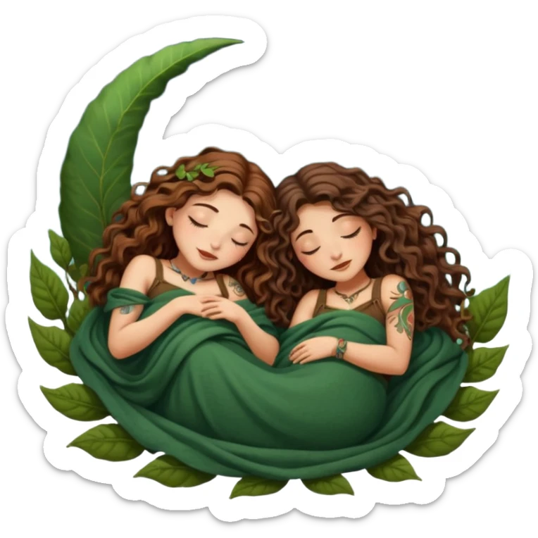 two forest alchemist women — one with long wavy brown hair and tattoos, one with short tight curly brown hair — sleeping back to back under leaf blanket crescent moon above sticker
