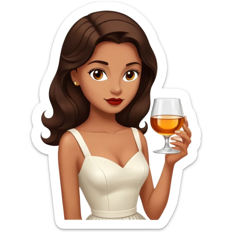 Beautiful woman in 1950’s woman fashion look, white dress, long dark brown hair, whisky sticker