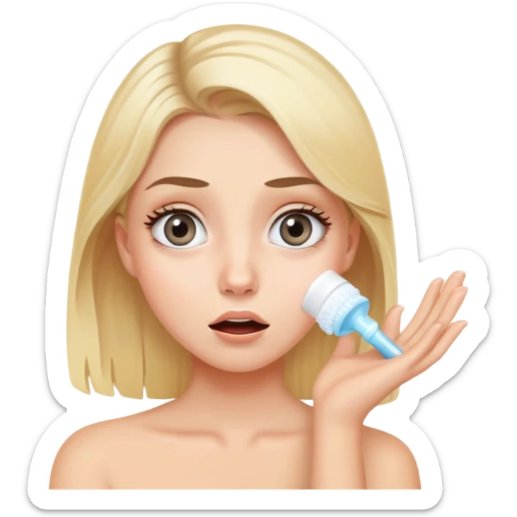 blonde girl with grey eyes doing skincare with surprised face sticker