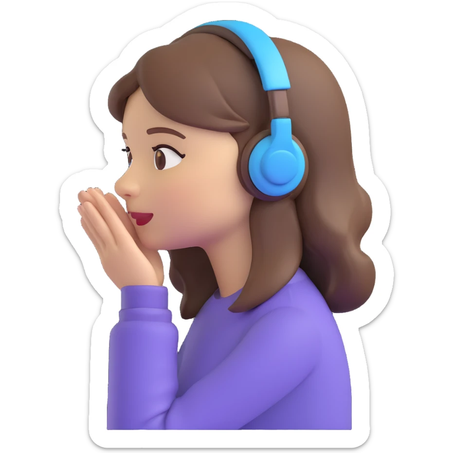 girl listening to viewer, side view, hand to ear, emoji style, with brown hair sticker