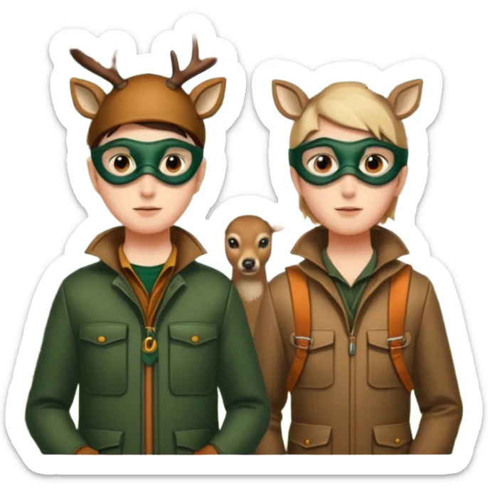 2 personnages : 1 Biche des bois avec un manteau en fausse fourrure et 1 chasseur bête  sticker