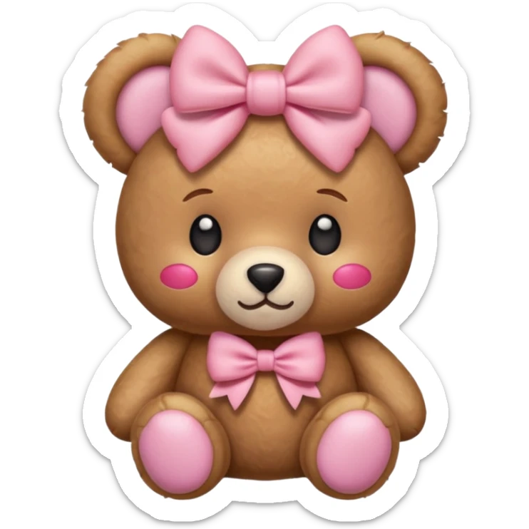 The og emoji teddy bear with some pink blush and a cute pink coquette bow in the ear sticker
