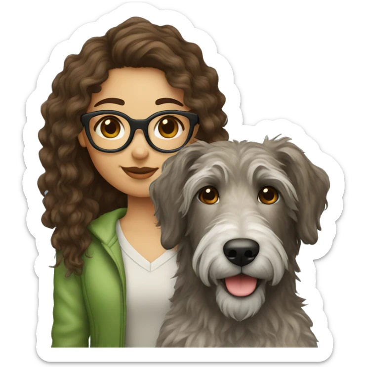 Brown curly hair girl with glasses and an Irish wolfhound dog sticker