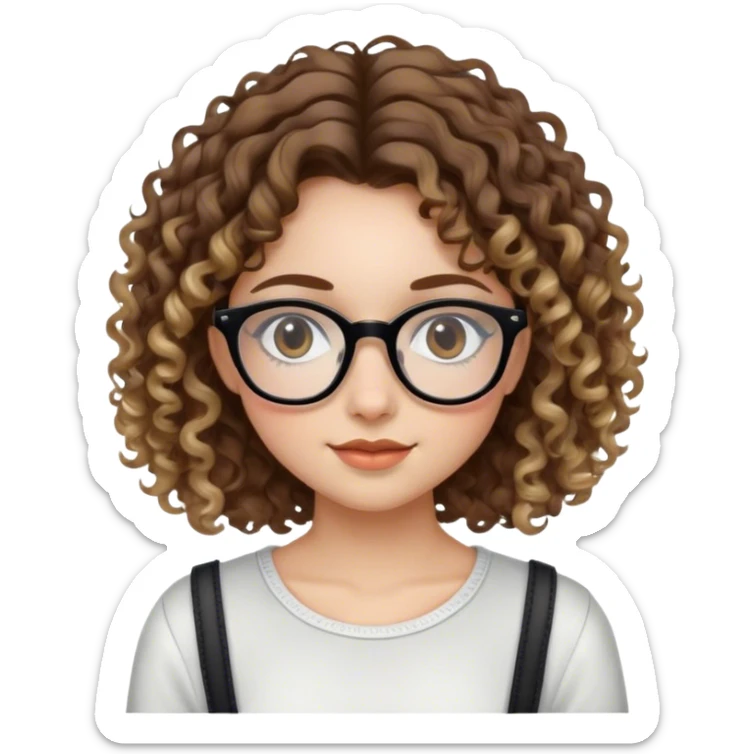 Girl with black glasses and sligh smile with brown curly hair with blond highlights in a cute outfit  sticker