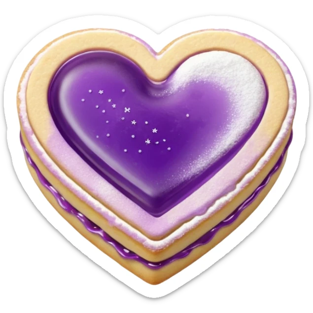 Realistic shortbread cookie in the shape of a heart with purple pastel jelly middle filling and sprinkled powder sugar on top. sticker