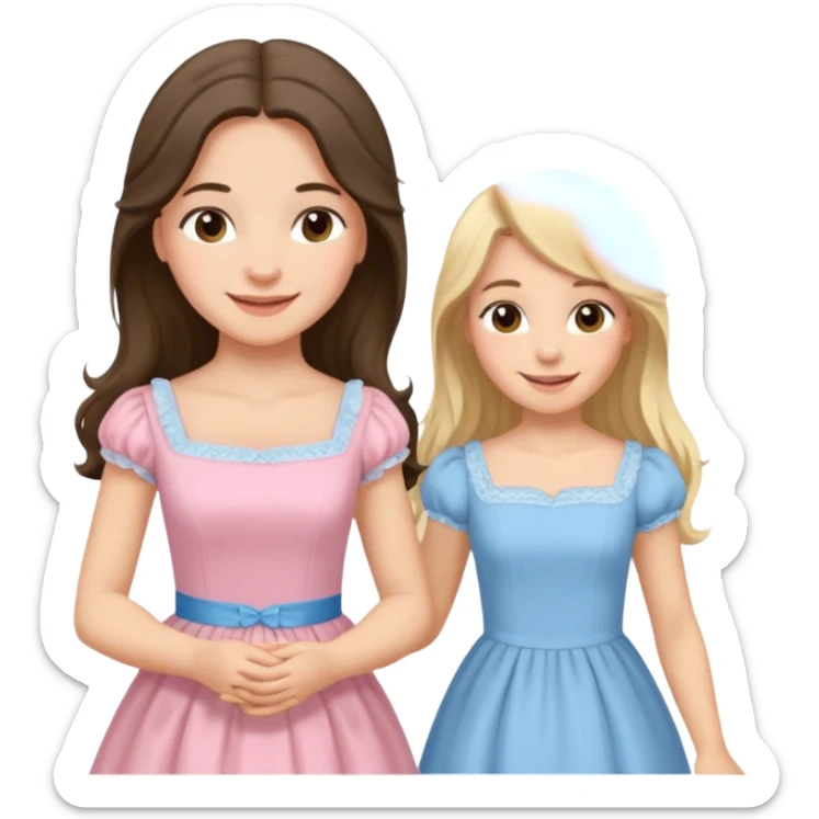 happy long hair brunette girl in light pink dress and blonde girl in light blue dress pride and prejudice sticker