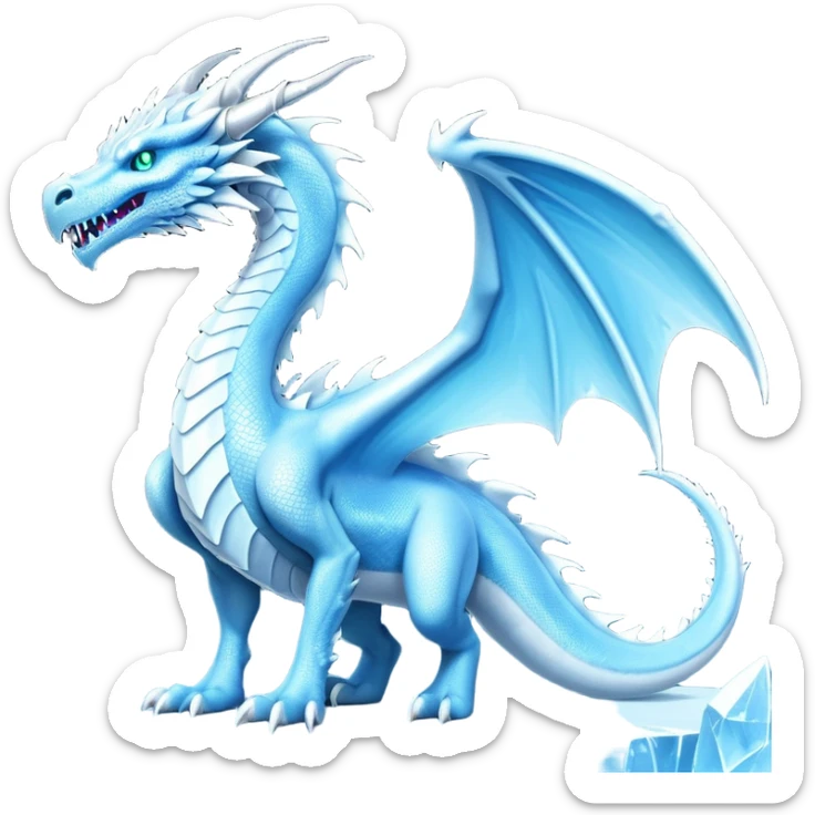 Cinematic Noble Fierce Ice Dragon full body Emoji, Poised and imposing, distinct long elegant snout, with a slender, scaled body shimmering in glacial hues of icy blue, frostbitten silver, and crystalline white, breathing out frost, with piercing, glowing eyes that radiate the chilling depths of an arctic storm; rendered in detail. displaying its wings sticker