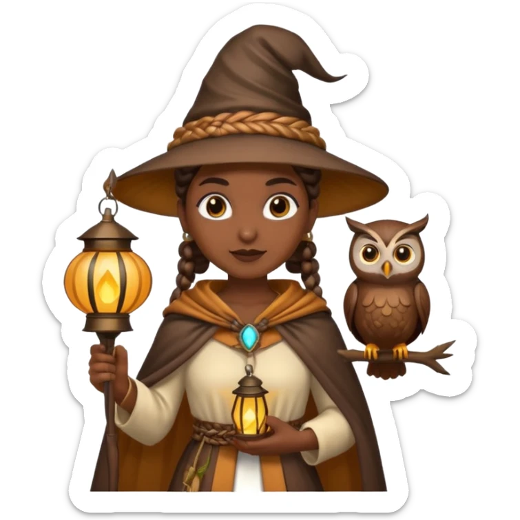 woodland emoji character, dark skin woman with braids dressed as owl mage, feather cape, holding lantern sticker