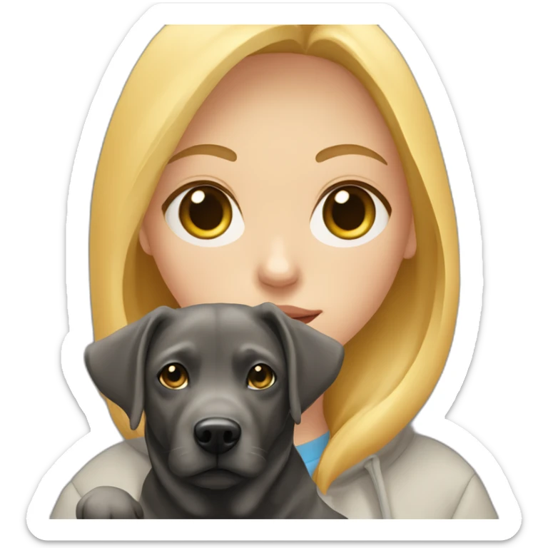 A blonde girl  with blues eyes, with smooth hair and a ray,she has light skin a few freckles, and she wear a hoodies and she Carries in his arms a black baby labrador dog  sticker