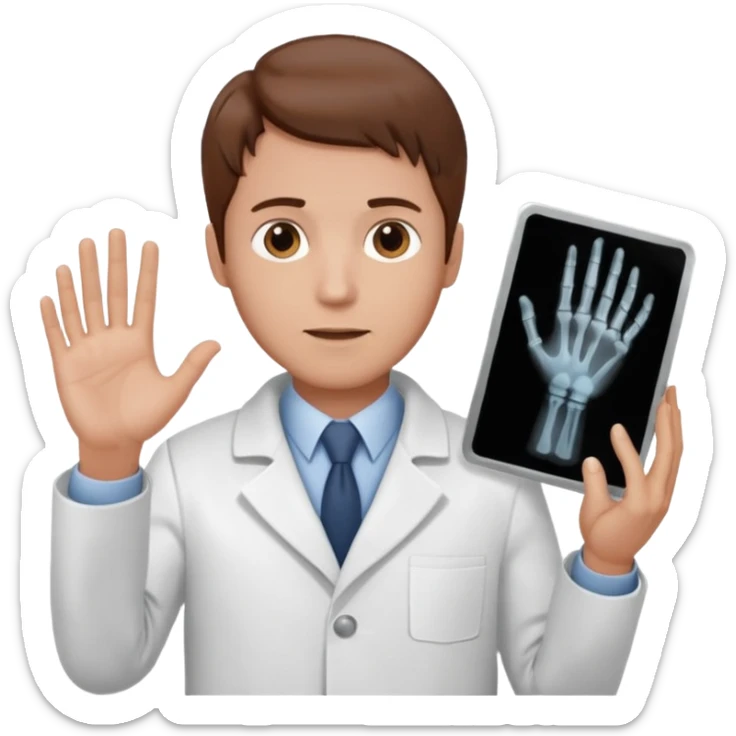 Radiografía de mano sostenida por un hombre con bata blanca  piel clara cabello café sticker