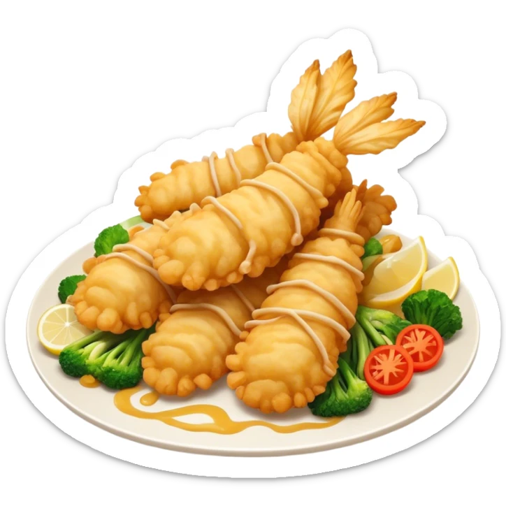 Cinematic Realistic Tempura Dish Emoji, depicted as lightly battered and fried seafood and vegetables rendered with delicate textures and crisp, inviting lighting. sticker