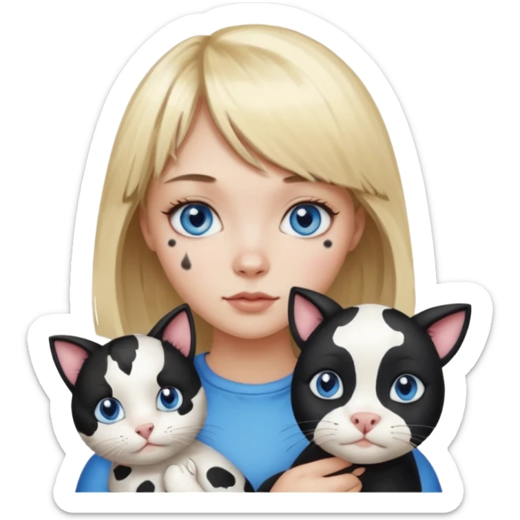 Cute cat black and white stain like a cow in the arms of a blond girl with bangs and blue eyes sticker