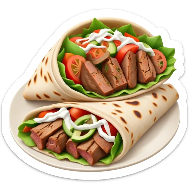 cinematic-realistic-gyros-dish-emoji,-showcasing-succulent,-spiced-meat-wrapped-in-pita-with-fresh-vegetables-rendered-with-lifelike-detail-and-dynamic,-appetizing-lighting. sticker