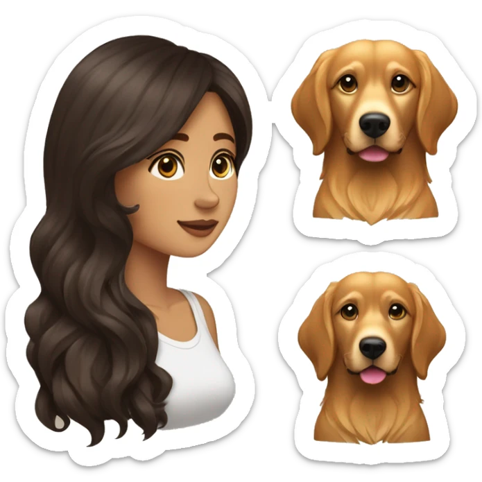 Mujer morena de pelo largo y liso de color marrón oscuro con un perro golden retriver sticker