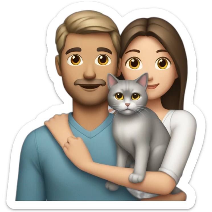 white brun man and brunette woman with a big gray cat in their arms sticker