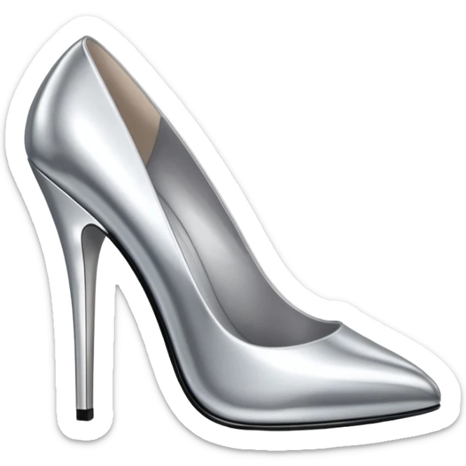 A pair of high heel shoes emoji made of polished silver chrome, elegant sharp silhouette, smooth metallic surface, glossy reflections, luxury sexy vibe, minimalistic iOS emoji style, centered, clean white background sticker