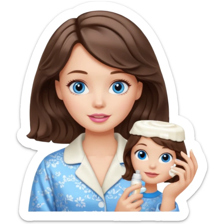 Barbie girl with makeup, blue eyes , and bob long haircut wavy, short brown hair in creamy color pajamas, face cream in hand sticker