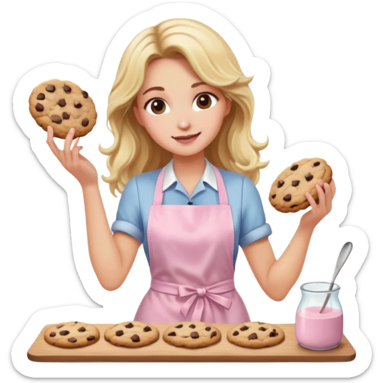 Blond long wavy hair lady with a light pink apron making chocolate chip cookies sticker