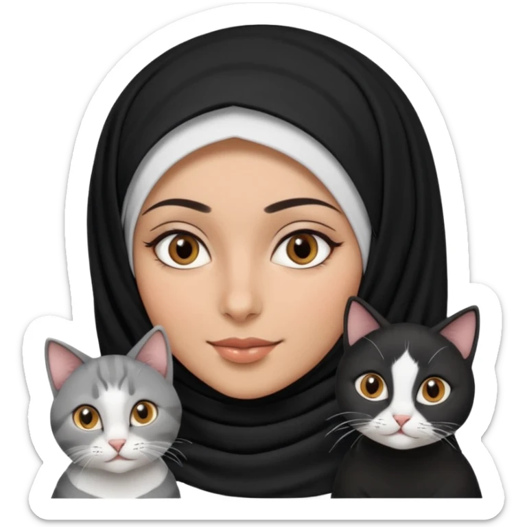 A Arabic woman human with brown eyes and black hijab. and three cats, two cats black and white and one grey cat  sticker