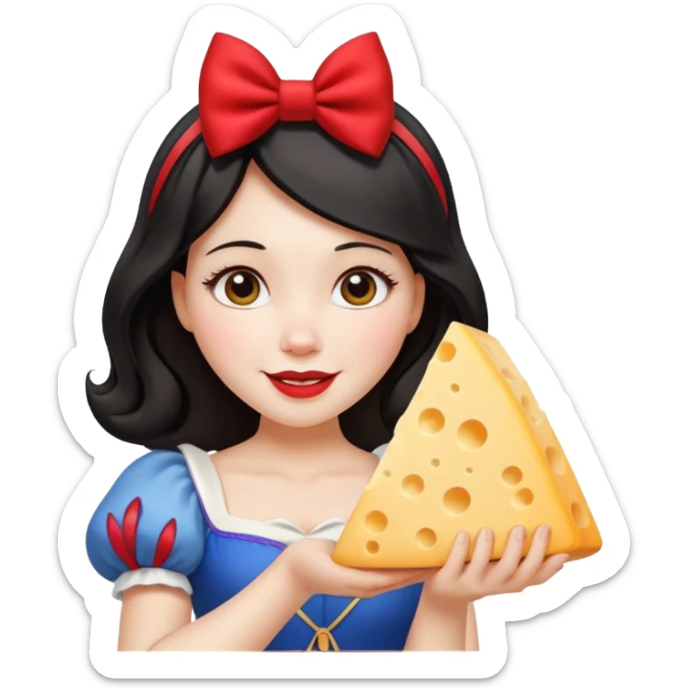 Happy Snow White with red bow in hair and holding triangle wedge of cheese sticker