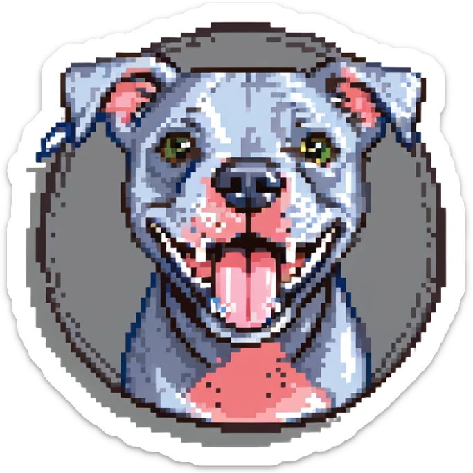 round circle puppy head only, full grey bleu staffy, big open mouth, big tongue out, stupid expression sticker