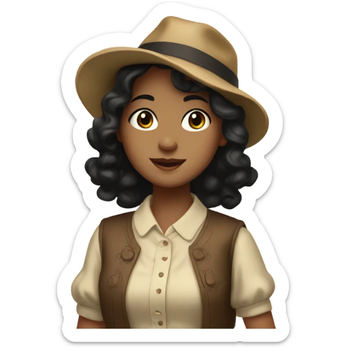 A artist  pretty girl with black wavy hair and brown eyes and vintage clothes  sticker