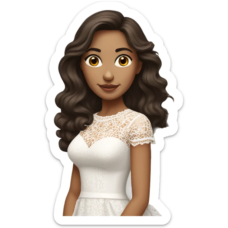 hyper realism Adult woman with brown eyes, light tanned skin, long wavy dark brown hair, wearing a white lace dress sticker