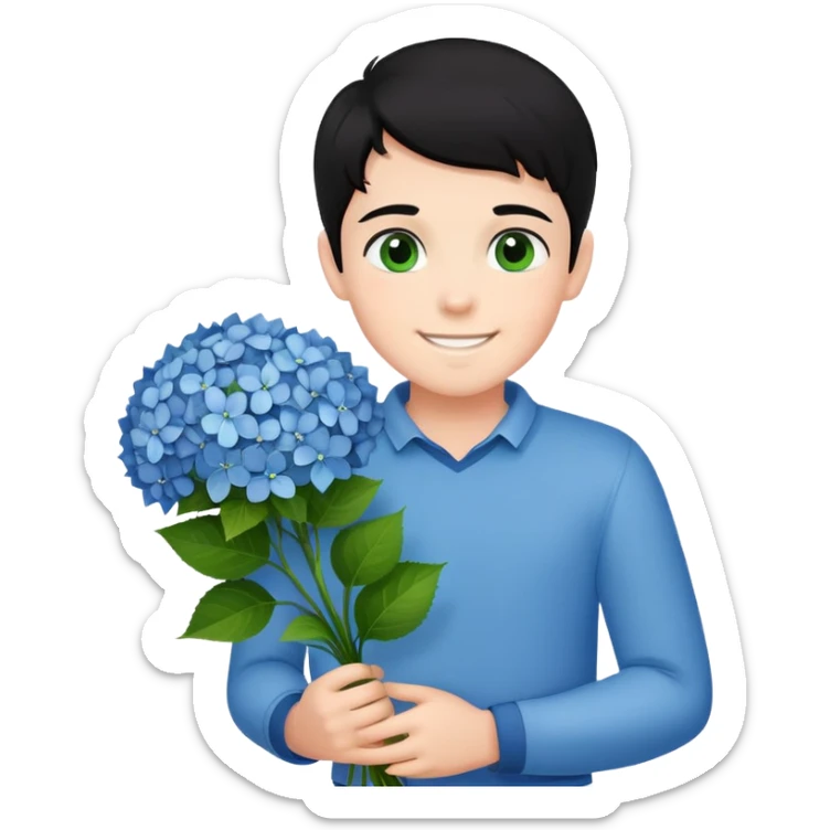Smiling boy with fair skin and black hair that stands up and green eyes with bouquet of hydrangeas  sticker