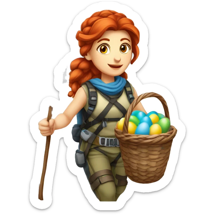 Greek Female winter mountaineer red hair white skin climbing with Greek Flag and Easter eggs basket sticker